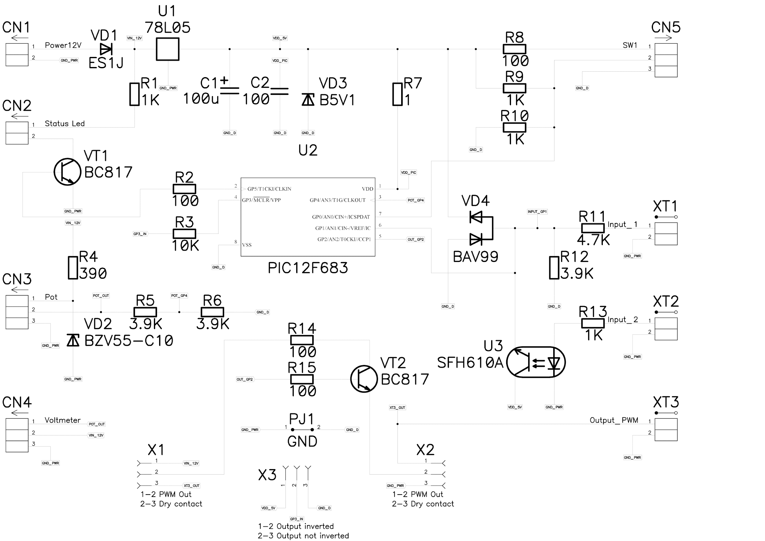 The PWM signal adjuster is assembled on the basis of the Microchip PIC12F683 controller.